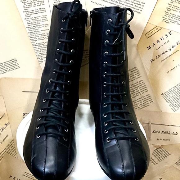 Free People Boxing Day Lace Up Flat Boot Black Leather Inside Zipper - Picture 7 of 9